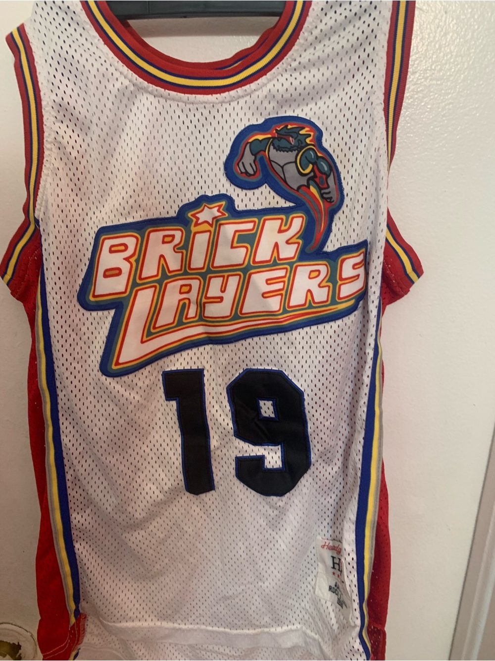 Brick Layers White Mesh Basketball Jersey with Red Trim